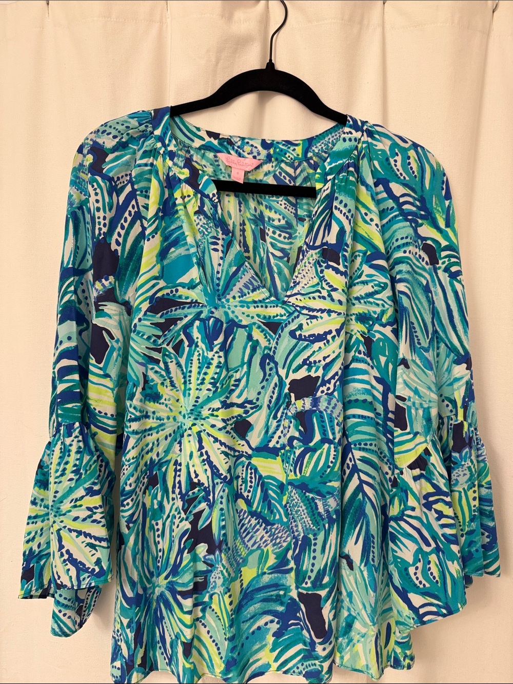 Lilly Pulitzer Teal Blue Green Floral-Print V-Neck Blouse
